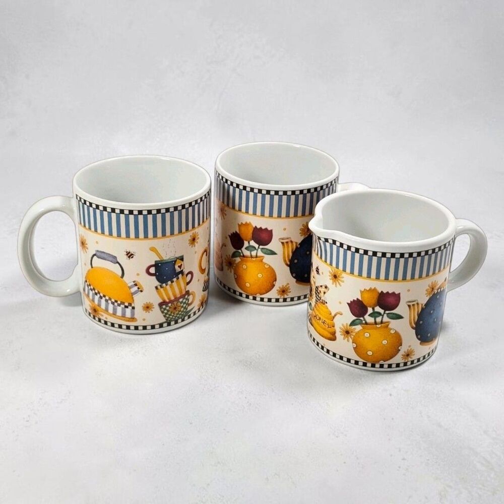 Debbie Mumm Teapots Mug Set Creamer Pitcher Sakura Stoneware 1998 Cottagecore